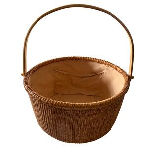 Vintage Large 15” Lined Woven Basket with Handle Warm Tan